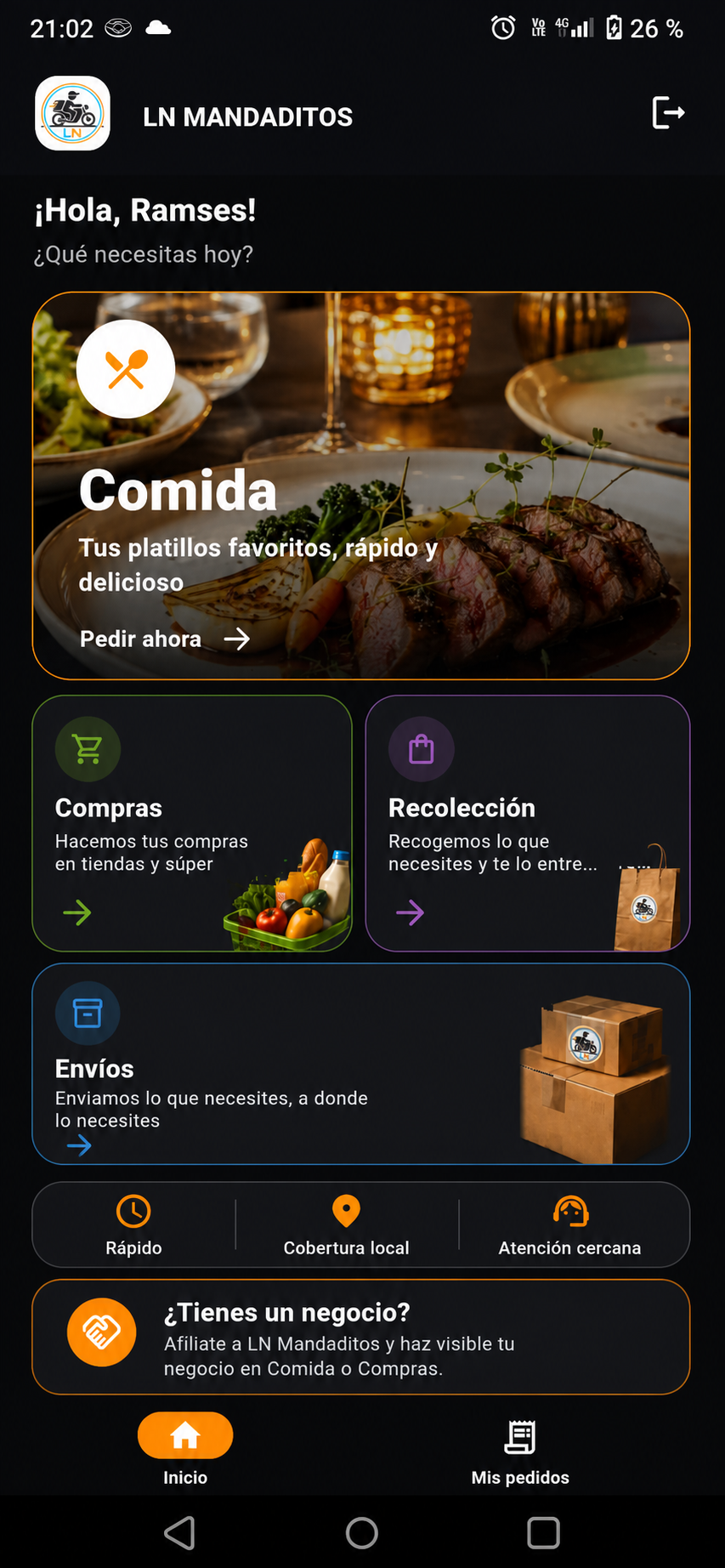 Menú principal completo de LN Mandaditos